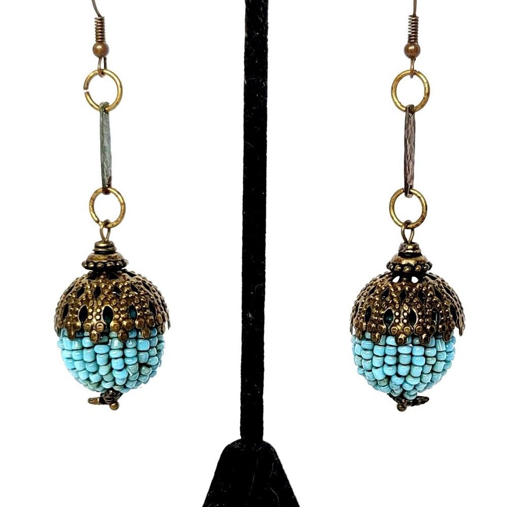 3" BEADED ORB EARRINGS Aqua Blue Gold GLASS BRASS Dangle Drop PLUM TREE DESIGNS